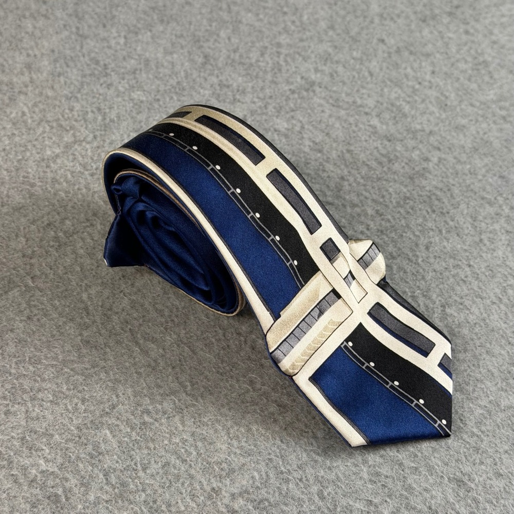 Why-Knot Seattle Space Needle Silk Tie Navy Blue Graphic Novelty Handmade 57x2.5
